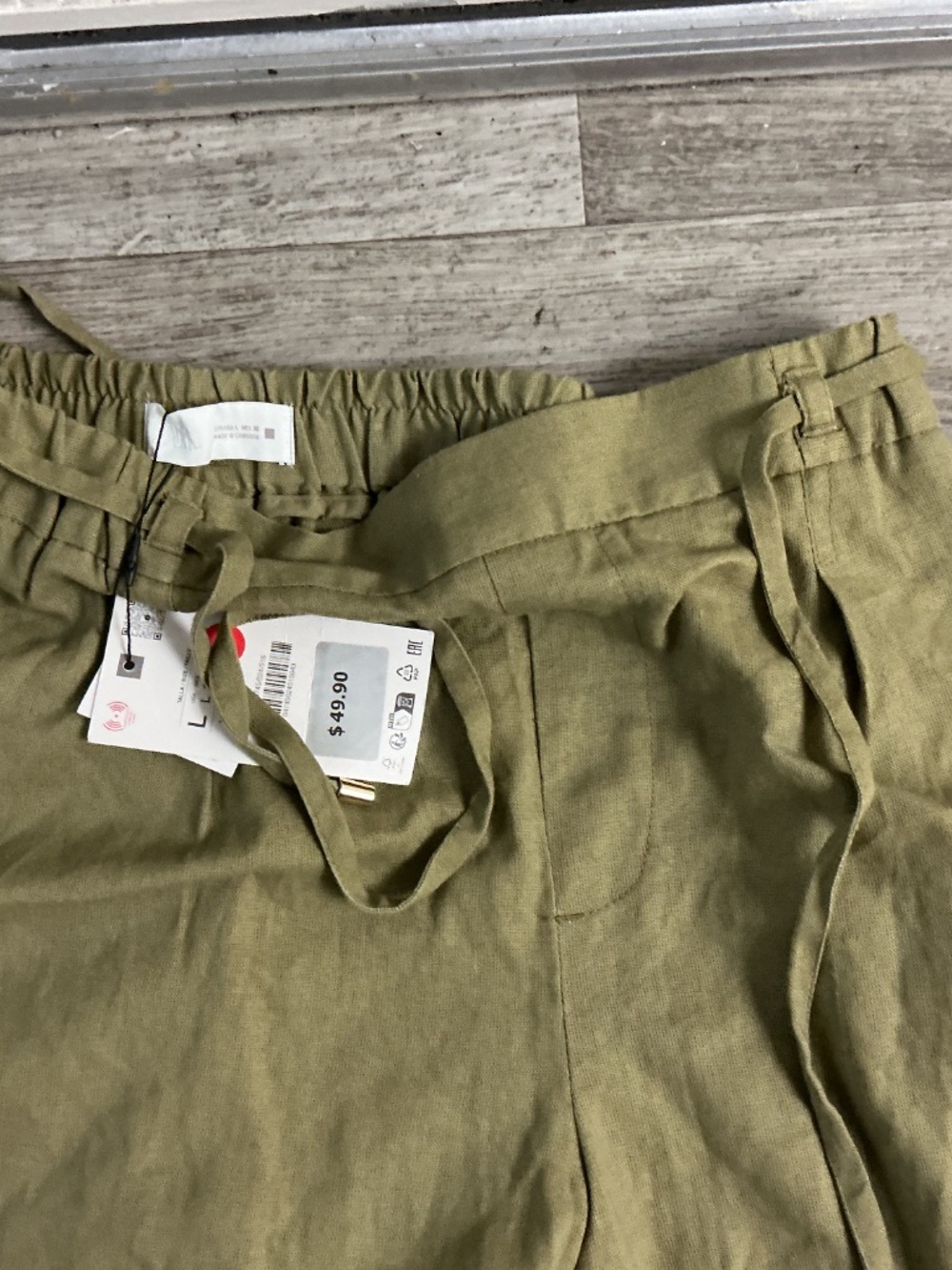 Zara NWT viscose  linen olive pants size Large wide leg - Picture 2 of 7